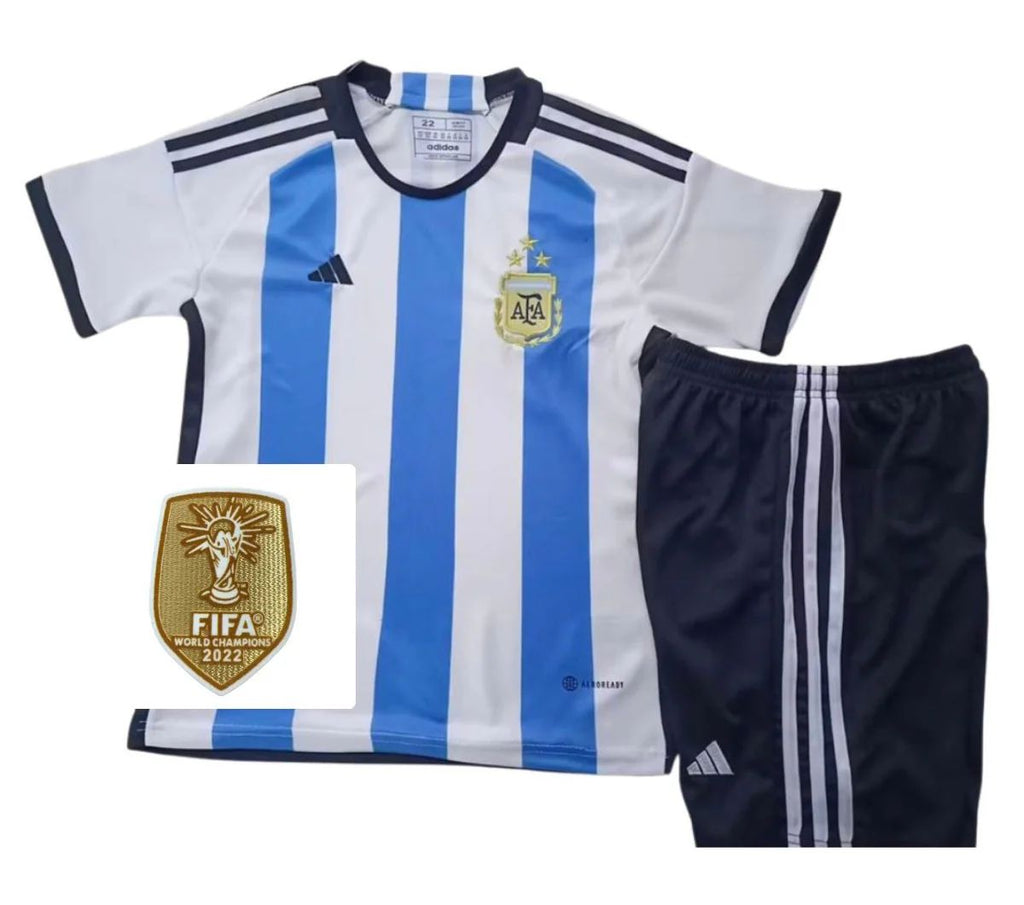 Camiseta y Pantalones para niños Argentina 22/23 - Con Parche de Campeón de la Copa del Mundo